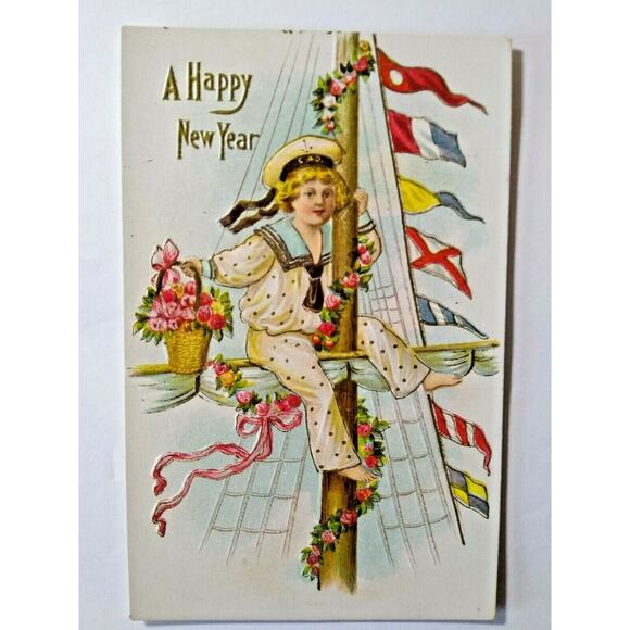 New Years Postcard Navy Sailor Boy CAD Hat Cap Embossed Flags Antique Unused - Picture 4 of 4